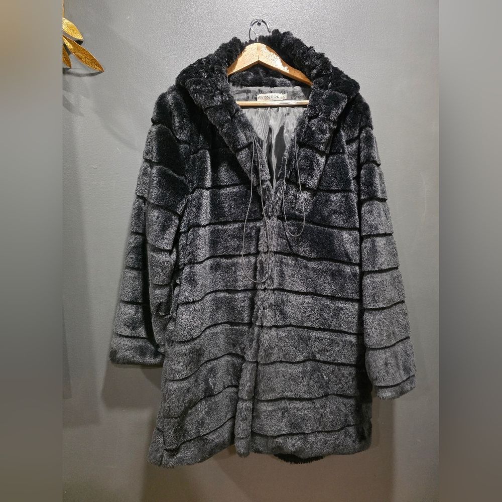 Mislook Faux Fur Black Polyester Coat Hooded Sz M